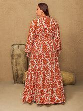 Plus Size Printed Notched Long Sleeve Maxi Dress OutfitFlow